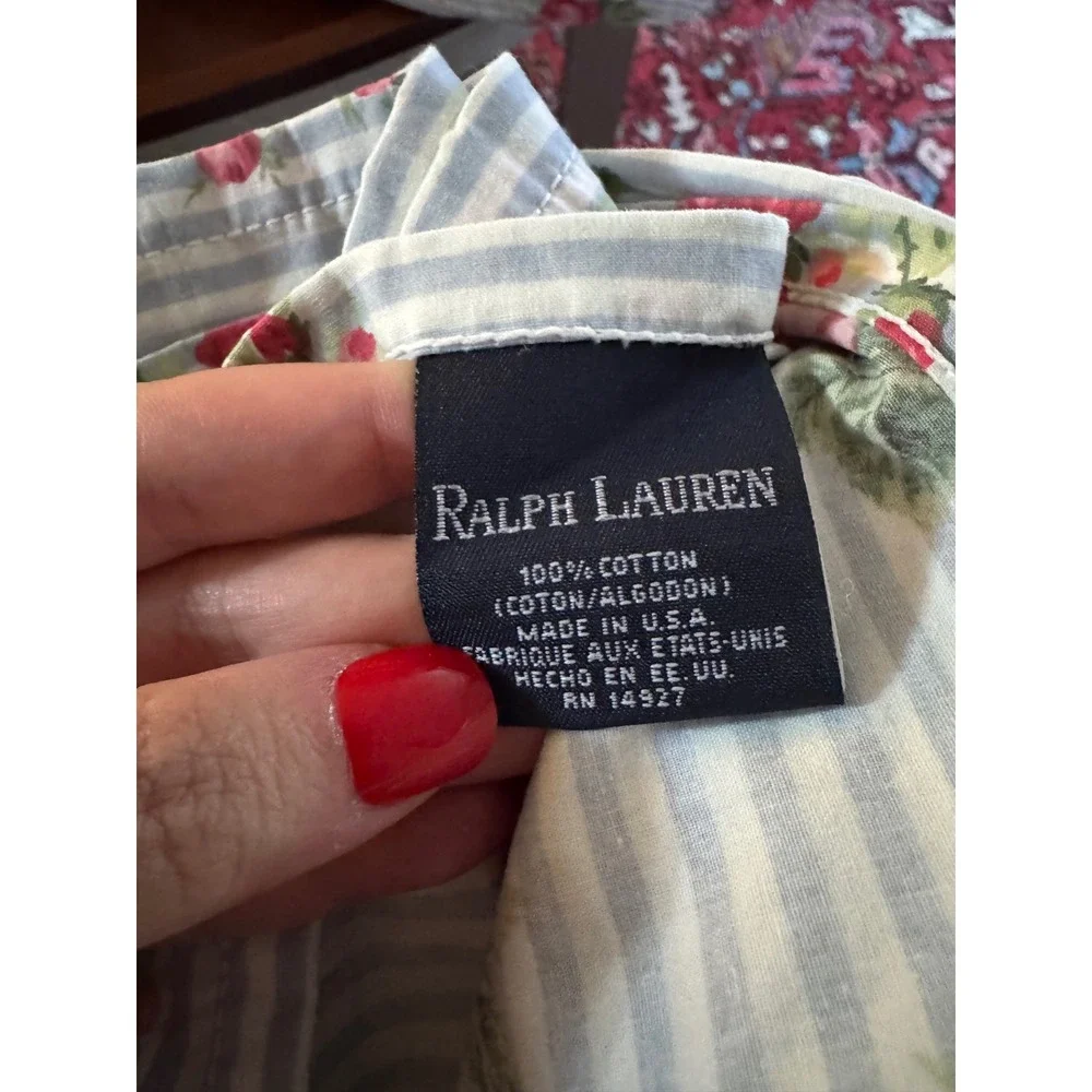Vintage Ralph Lauren Emma Twin Sheet Set Blue Stripe Rose Floral Cottagecore USA